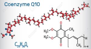Coenzyme Q10 (ubiquinone, ubidecarenone, coenzyme Q, CoQ10) molecule. It is cofactor  with antioxidant properties. Structural chemical formula and molecule model. Vector illustration